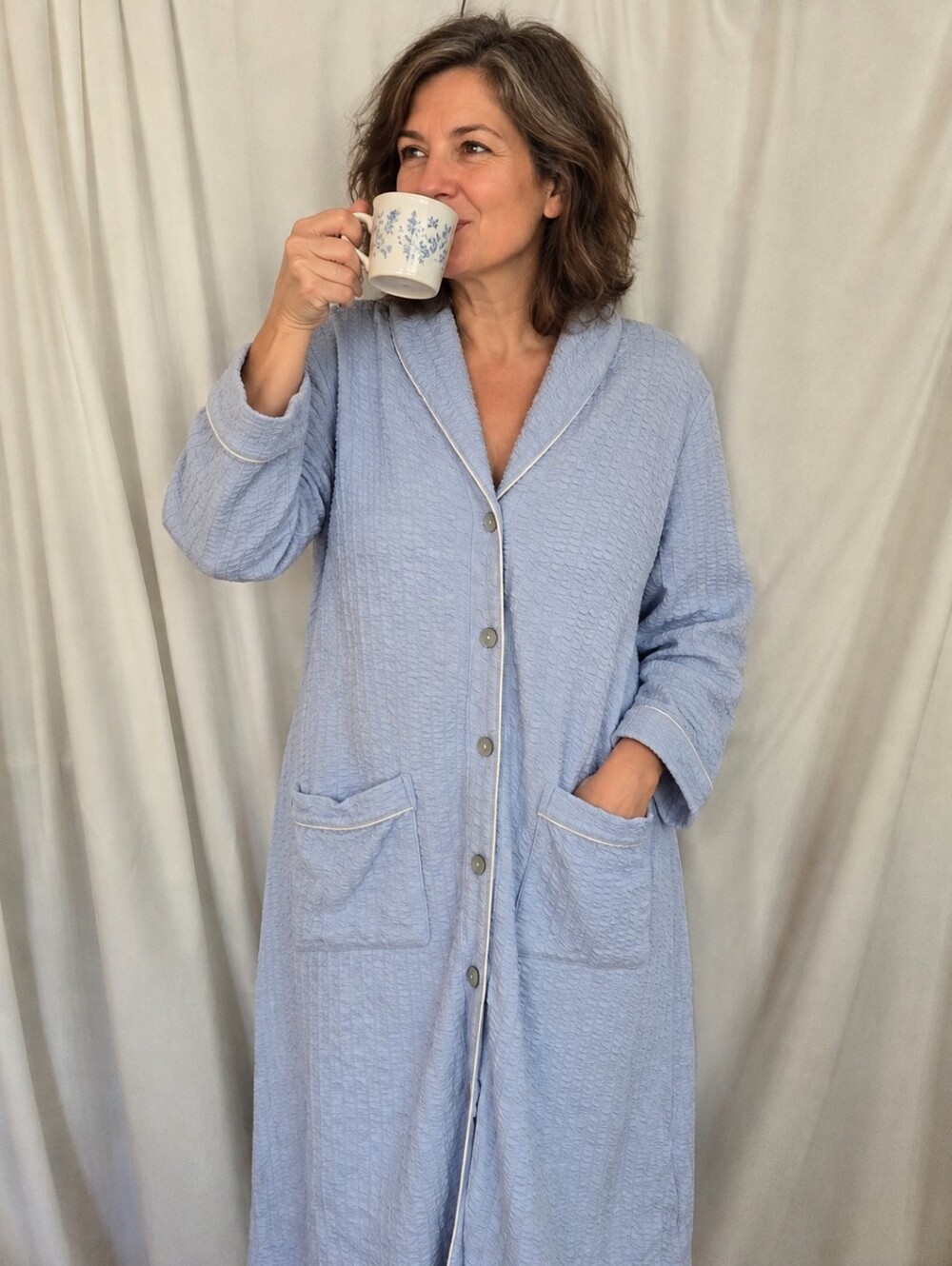 Eileen West Blue Long Cotton Blend Housecoat Size P/M